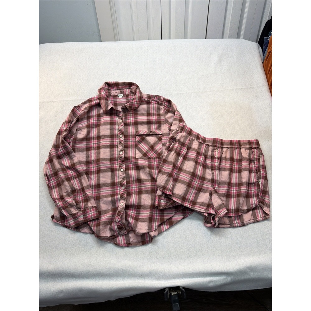 Aerie Pink/Brown Flannel XL‎ Long Sleeve Top, Large Shorts -   Pajama Set EUC
